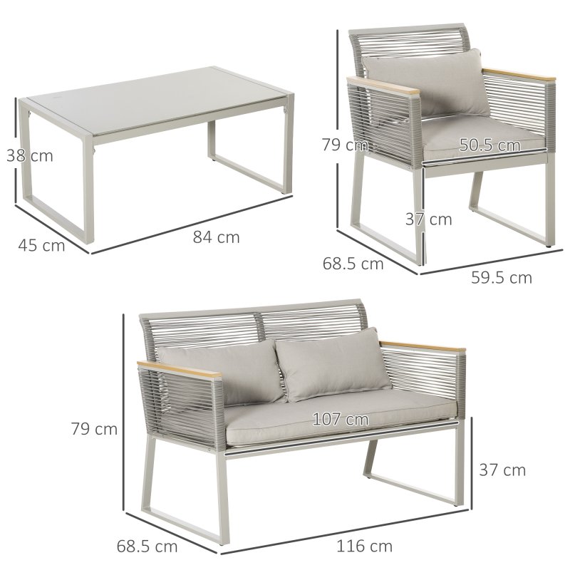 Outsunny 4 Pieces Rattan Garden Furniture Set, Metal Frame Outdoor Furniture Sofa Set with Cushions, Pillows & Tempered Glass Top Table, Wicker Garden Sofa for Conservatory, Patio, Grey