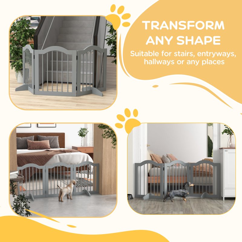 PawHut Freestanding Pet Gate Wooden Dog Gate with Support Feet Foldable Pet Fence Safety Barrier for the House Doorway Stairs Light Grey