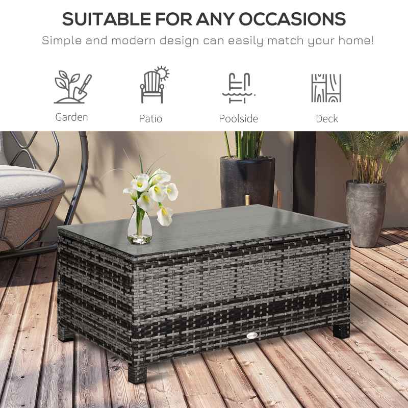 Outsunny PE Rattan Coffee Table, Rectangular Outdoor Coffee Table with Tempered Glass Top, 70 KG Capacity for Garden, Balcony, Terrace, Patio, Mixed Grey