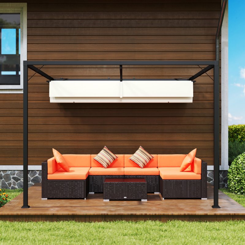 Outsunny 3 x 3(m) Outdoor Lean To Pergola Retractable Canopy Wall Mounted Gazebo Patio Shelter Sun Shade, Cream White