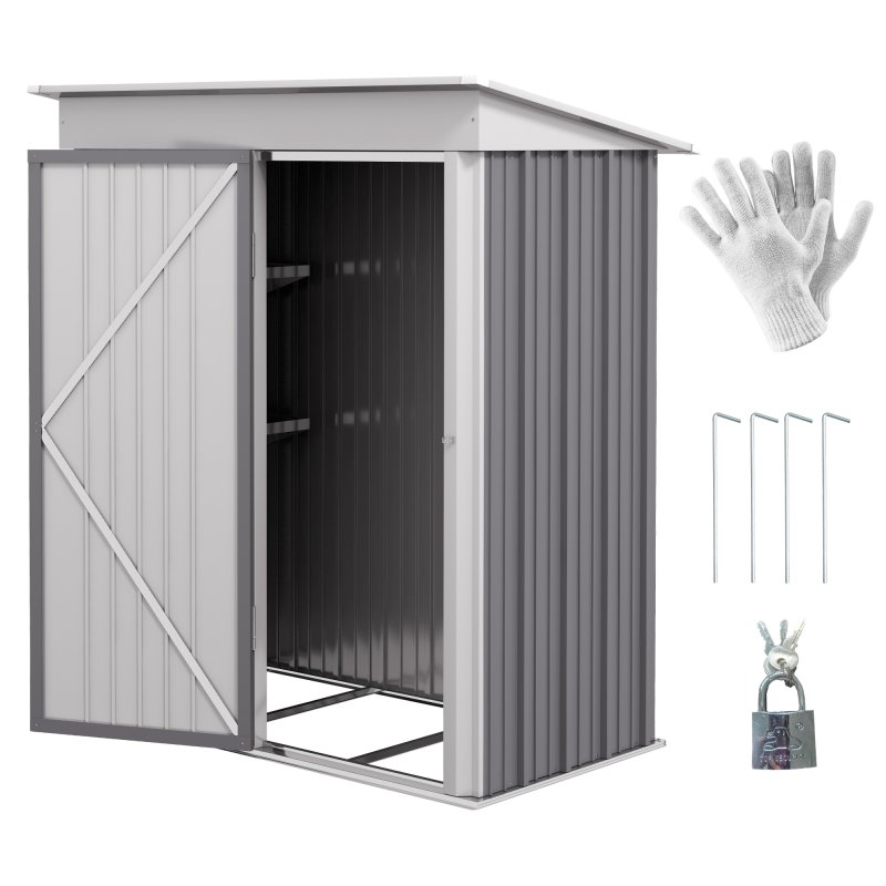 Outsunny 5x3ft Garden Shed, Steel Small Shed, Outdoor Lean-to Shed with Adjustable Shelf, Lock and Gloves for Patio, Garden, Grey with Foundation Kit