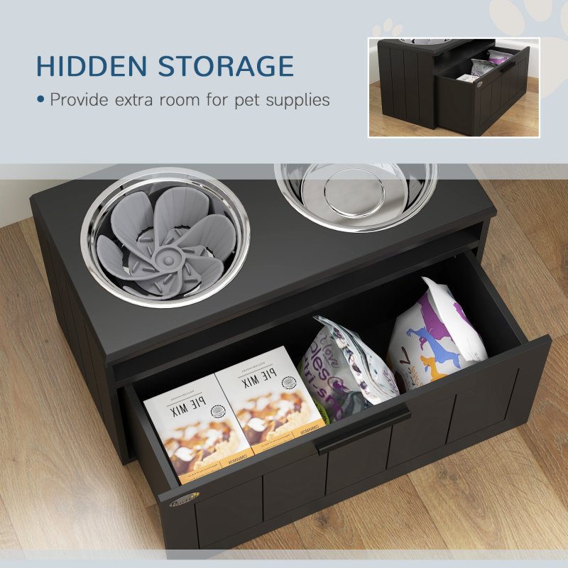 PawHut Raised Dog Bowl, Elevated Pet Bowls with Slow Feeder, Two Stainless Steel Bowls, Drawer, for Large & Extra Large Dogs, Black