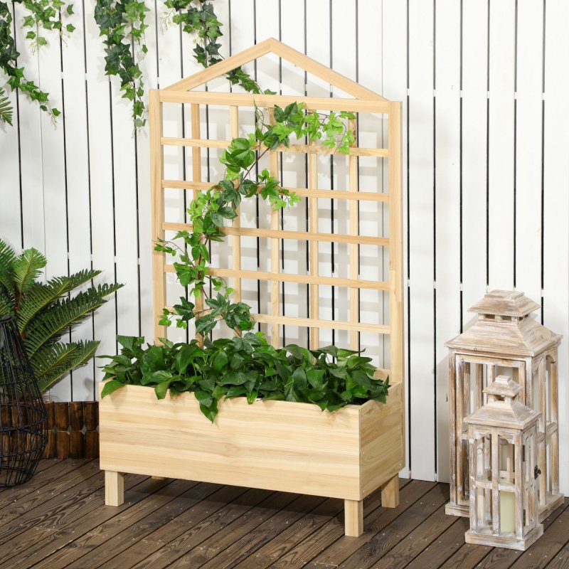 Outsunny Wooden Planters with Trellis for Vine Climbing, Raised Beds for Garden Patio, Outdoor Planter Box for Vegetables, Flowers, Herbs, Distressed Natural Tone