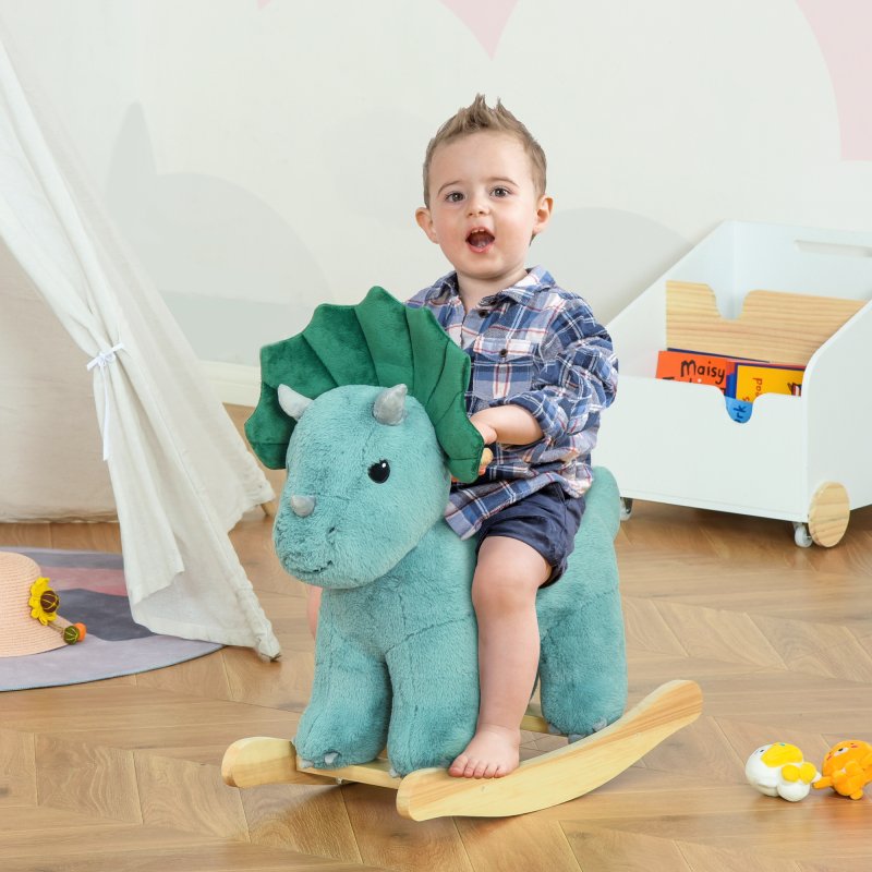 HOMCOM Kids Toddler Rocking Horse Plush Ride On Triceratops Rocker Wooden Base W/ Sound for 3-6 Years Green