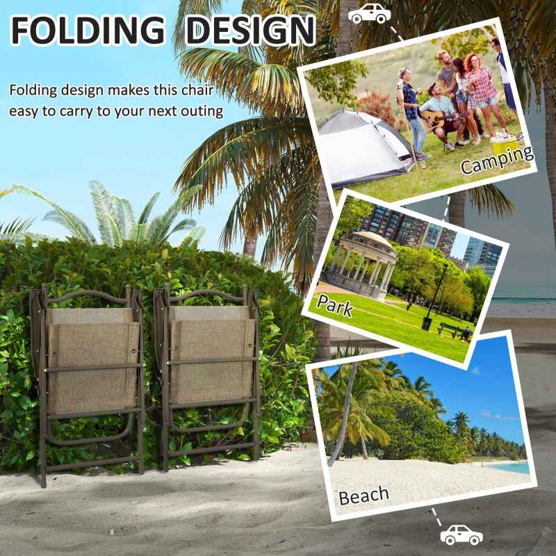 Outsunny Folding Chairs Set of 2, Garden Chair with Armrest, Breathable Mesh Fabric Seat, Camping Sports Chairs for Adults, Mixed Brown