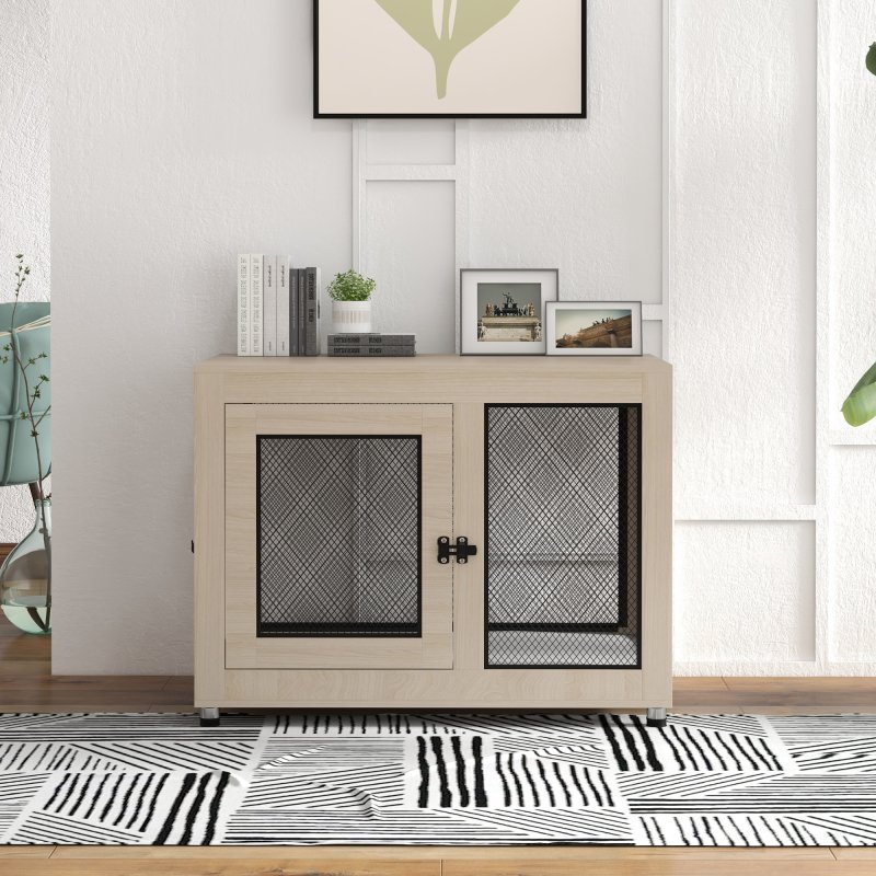 PawHut Dog Crate Furniture End Table w/ Soft Washable Cushion, Two Doors, Indoor Pet Kennel for Small Medium Large Dogs w/ Wire Mesh, Oak