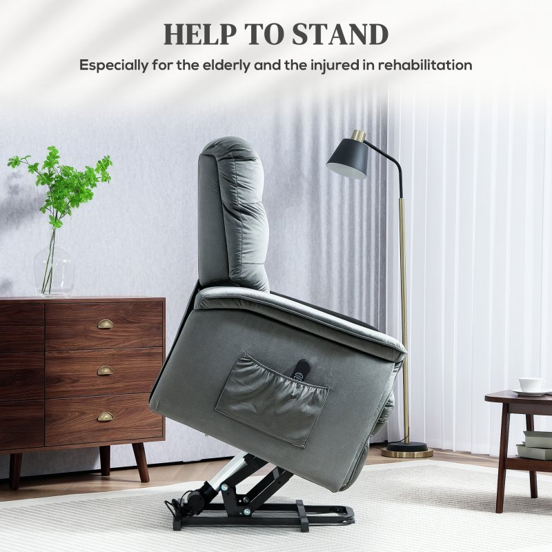 HOMCOM Power Lift Recliner Chair for Elderly, Velvet Fabric Electric Riser and Recliner Armchair for Living Room with Remote Control, USB Port and 2 Side Pockets, Dark Grey