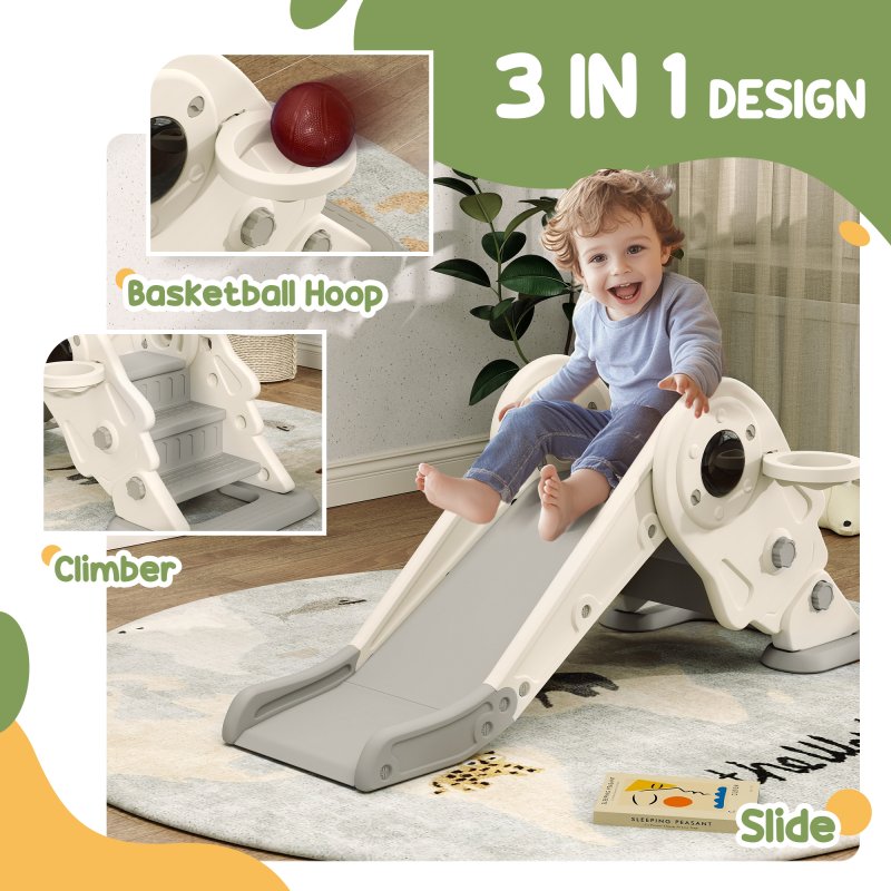 AIYAPLAY Kids Slide with Basketball Hoop, 3-in-1 Toddler Slide with Climber for Indoor, Foldable Freestanding Slide for Toddlers, Ages 2-5 Years, Cream White