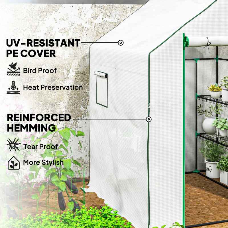 Outsunny Walk-in Greenhouse with 3 Tier 8 Shelves, Small Greenhouse with Reinforced PE Cover, Garden Plant Growhouse with Roll-up Door and Three Mesh Windows, 140 x 143 x 190 cm, White