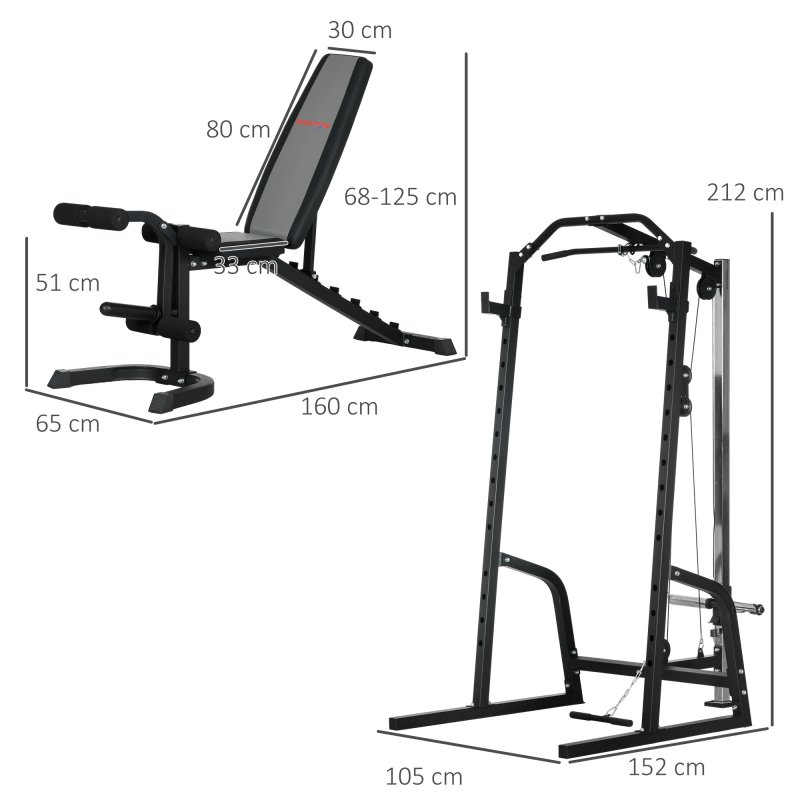 SPORTNOW Smith Machine & Cable Pulley System with Adjustable Weight Bench, Multifunction Home Gym Power Rack with Lat Pull Down System, Barbell Rack for Full Body Training, Black