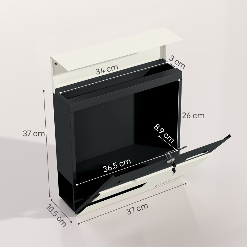 HOMCOM Wall Mounted Post Box with Viewing Window, 2 Lock, Modern Galvanised Steel Mailbox with Copper Core, Weatherproof Letterbox for Outdoor Use, Easy to Install, White