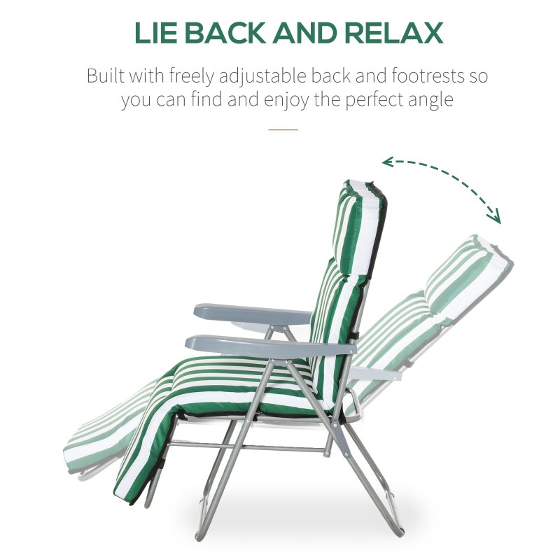 Outsunny Reclining Garden Chair Set of 2, 5-Level Adjustable Zero Gravity Chairs with Cushions, Folding Sun Lounger Garden Recliner Chairs with Armrests for Outdoor, Patio, Green Stripe