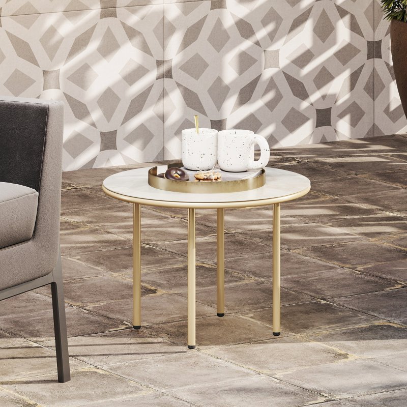 Outsunny Round Small Garden Table, 60cm Outdoor Side Table with Faux Marble Tempered Glass Top, Steel Frame for Garden Patio Balcony, Beige