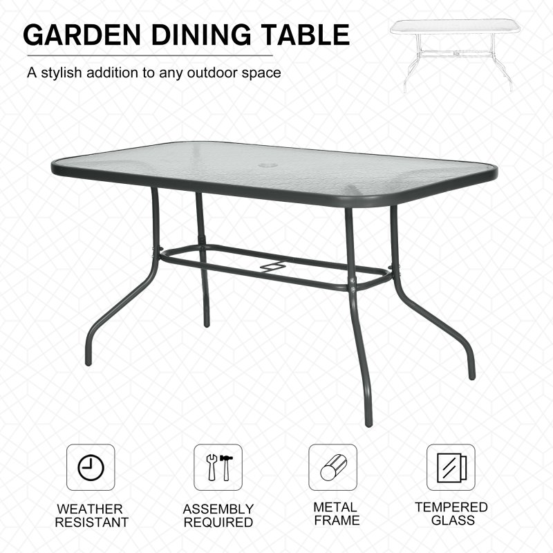 Outsunny Garden Dining Table Glass Top Metal Frame with Parasol Hole Outdoor Balcony Grey 140L x 80Wcm