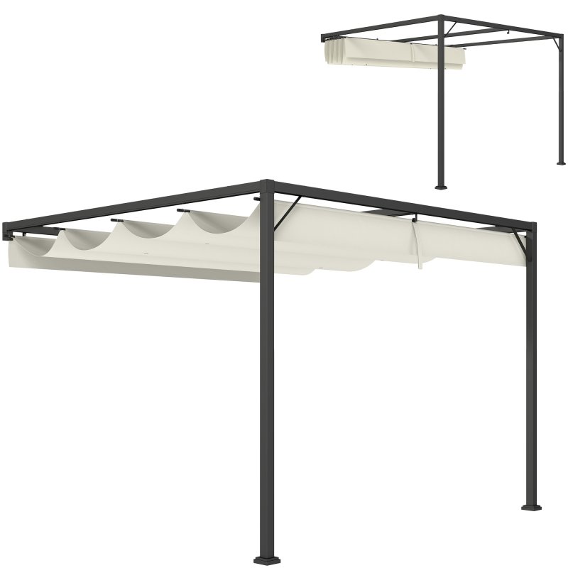 Outsunny 3 x 3(m) Outdoor Lean To Pergola Retractable Canopy Wall Mounted Gazebo Patio Shelter Sun Shade, Cream White