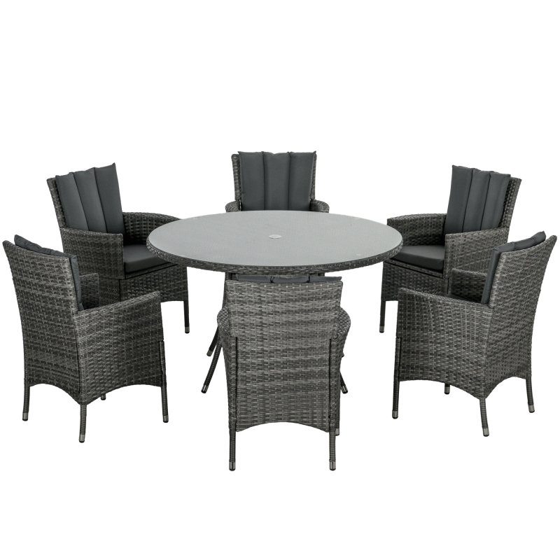 Outsunny 7-Piece PE Rattan Garden Furniture Set, Wicker Outdoor Dining Set with Cushions, Umbrella Hole & Round Glass Top Table, 6 Seater Garden Table and Chairs for Patio, Balcony, Mixed Grey