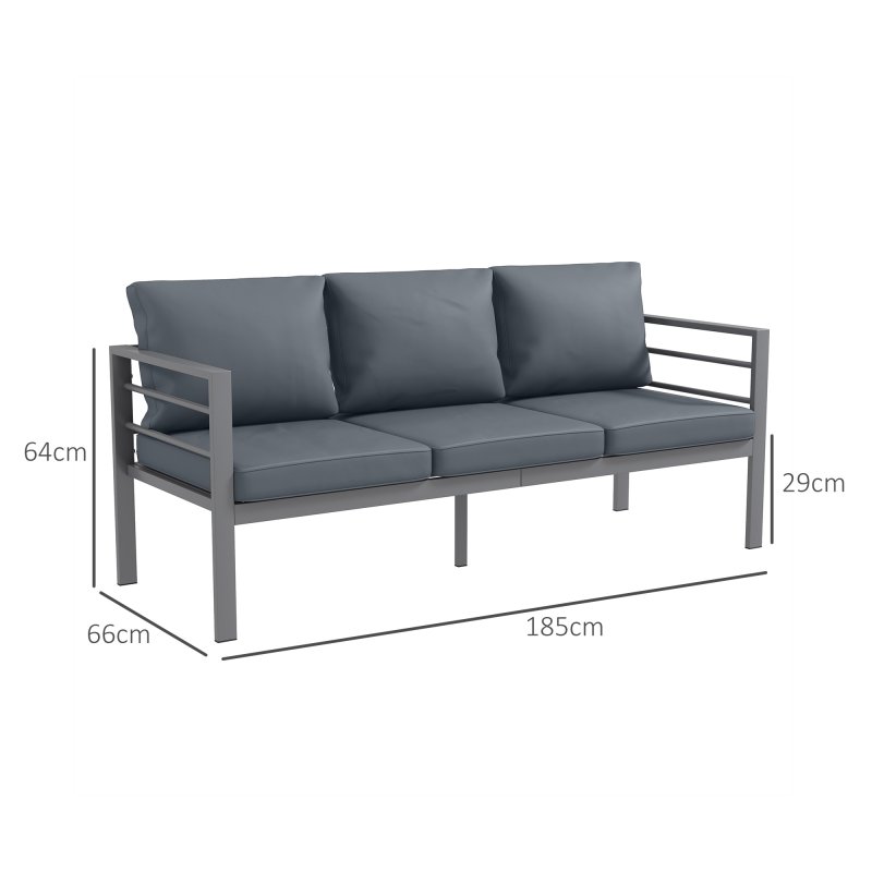 Outsunny Garden Bench with Cushions, 3-Seater Sofa, Aluminium Frame Outdoor Furniture with Backrest, Armrest and Back Cushions, 185 x 66 x 64cm, Grey