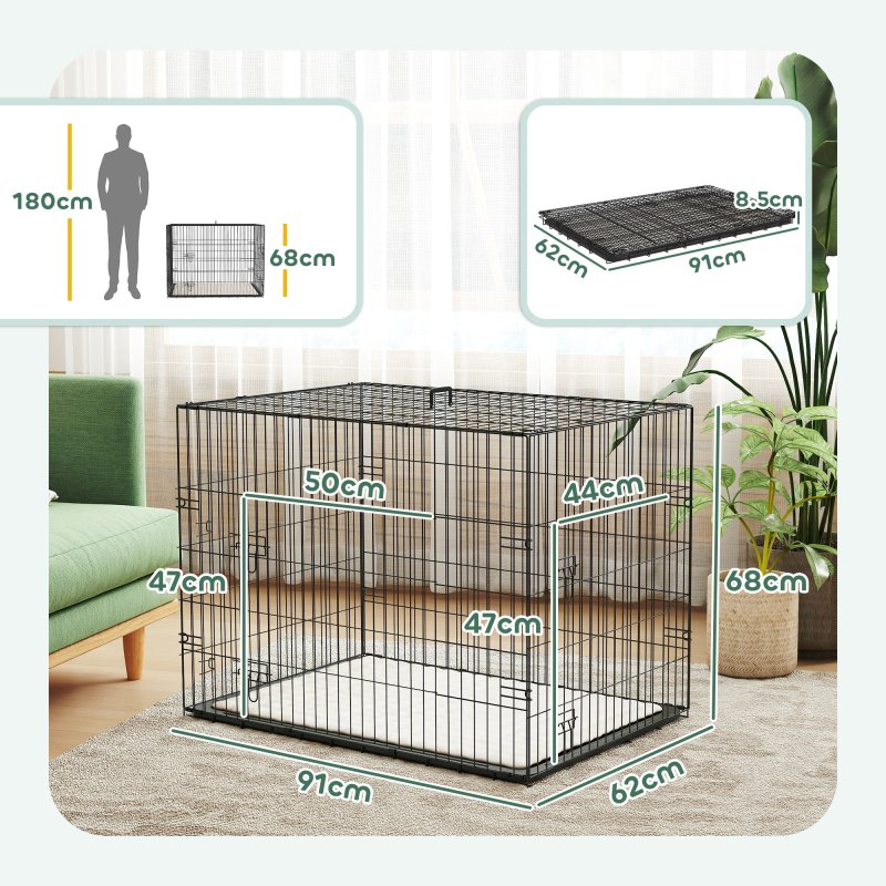 PawHut Dog Crate, Folding Metal Dog Cage with Two Doors, Tray, Soft Cushion, for Large Dogs, 91 x 62 x 68 cm, Black