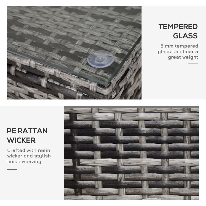 Outsunny PE Rattan Coffee Table, Rectangular Outdoor Coffee Table with Tempered Glass Top, 70 KG Capacity for Garden, Balcony, Terrace, Patio, Mixed Grey