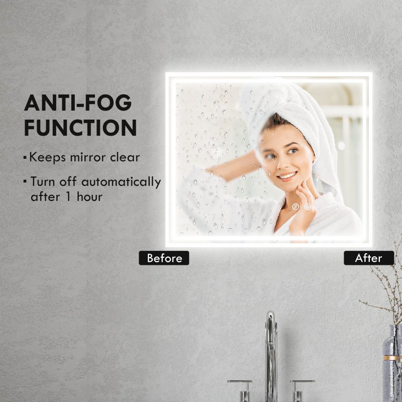 kleankin Bathroom Mirror with LED Lights, Dimmable Makeup Mirror with 3 Temperature Colours, Defogging Film, Memory Function and Aluminium Frame, Hardwired, Horizontal and Vertical, 60 x 50?cm