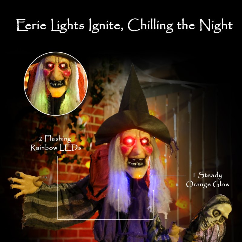 Outsunny 160 cm Life Size Halloween Animated Standing Witch & Skull Staff with Glowing LED Eyes & Head, Spooky Witch Scary Halloween Decorations, Battery Operated, Indoor Party Props