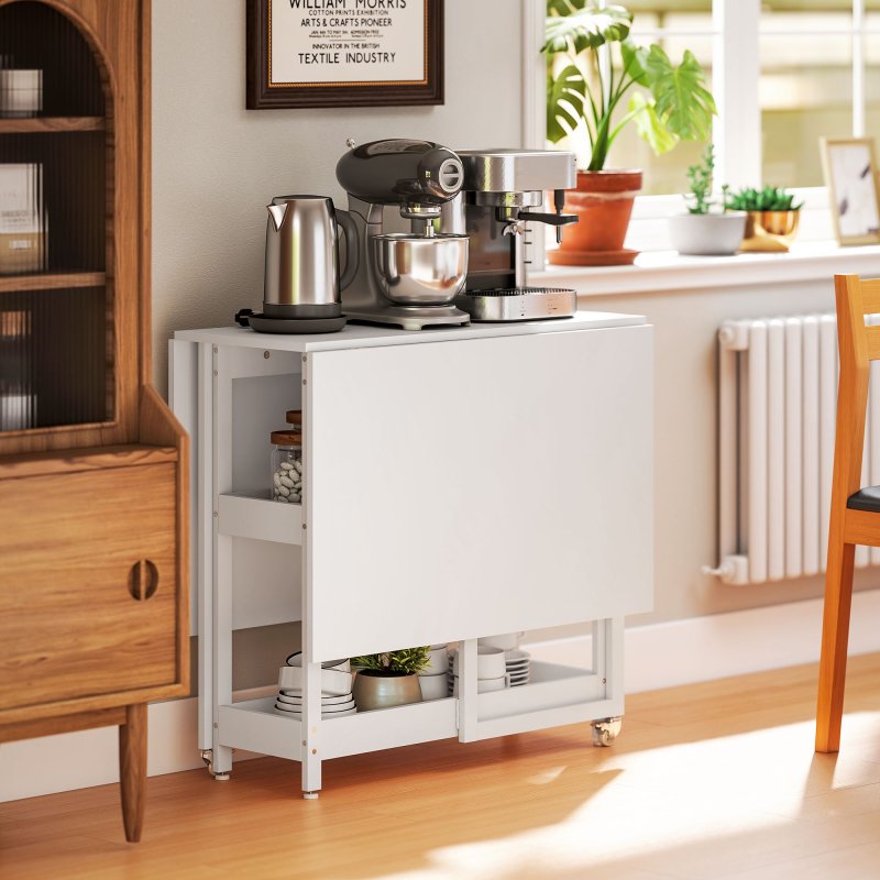 HOMCOM Industrial Folding Dining Table, Drop Leaf Table with Open Compartments for Small Spaces, Kitchen, Dining Room, White