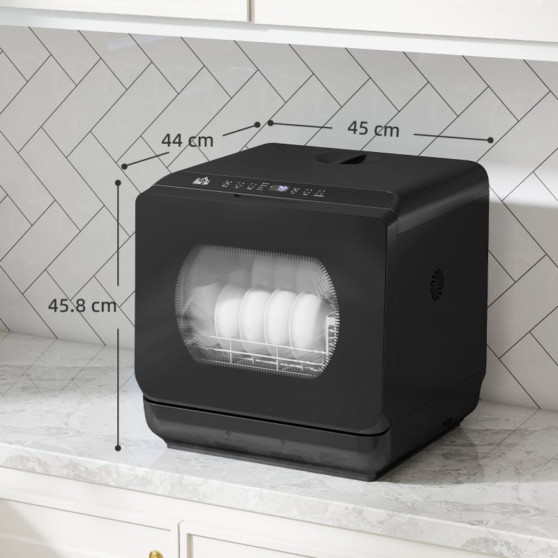 HOMCOM Table Top Dishwasher, Mini Countertop Dishwasher No Plumbing with Built-in 6L Water Tank, 6 Programs, Touch Control, LED Display, 4 Place Settings, Dual Water Supply and Fruit Wash, Black