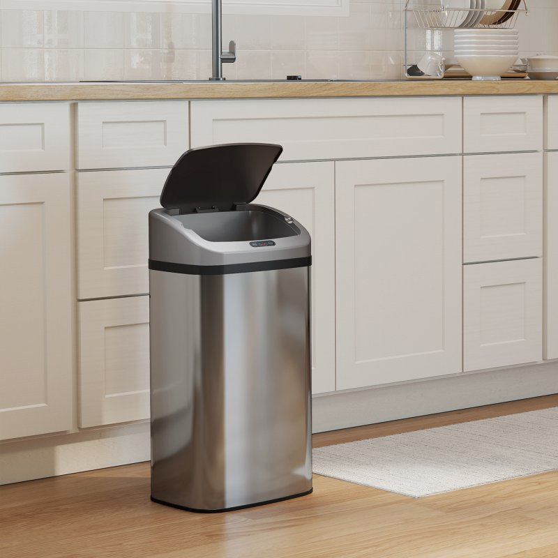 HOMCOM 48L Sensor Bin, Stainless Steel Kitchen Bin with Automatic Soft Close Lid and Fingerprint-Proof for Recycling and Waste, Silver Tone