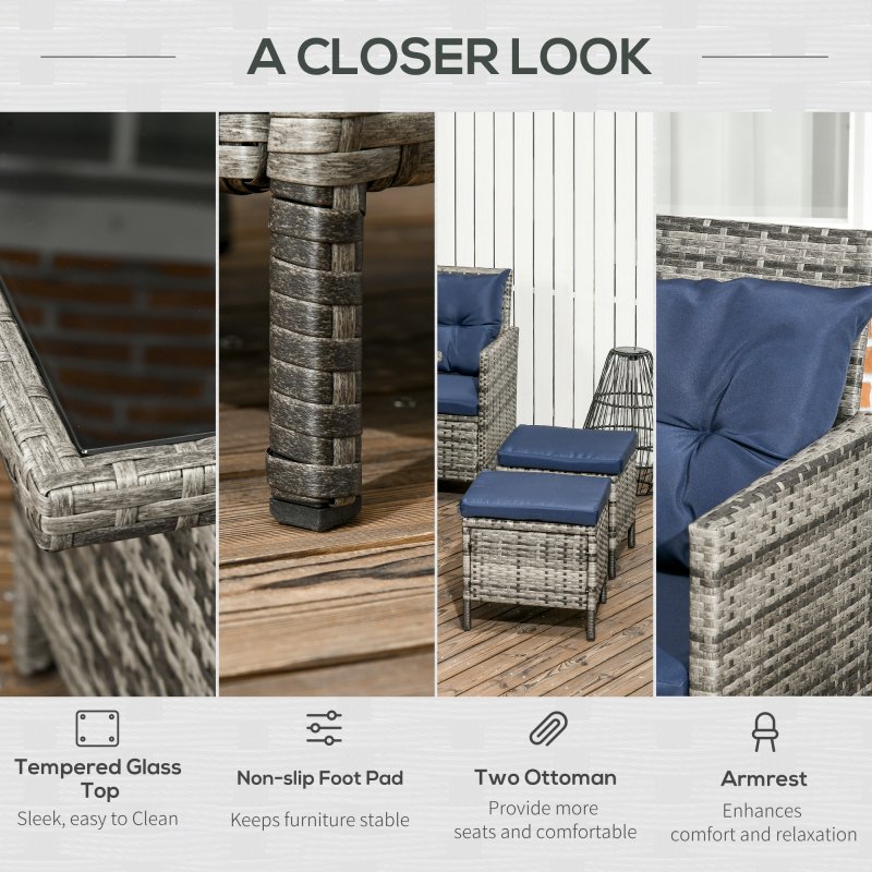 Outsunny 6 Pieces Rattan Garden Furniture Set, 8-Seater Garden Corner Sofa Set with 3 Loveseats, Glass Top Table, Footstools, Outdoor Conservatory Furniture with Cushions for Patio, Dark Blue