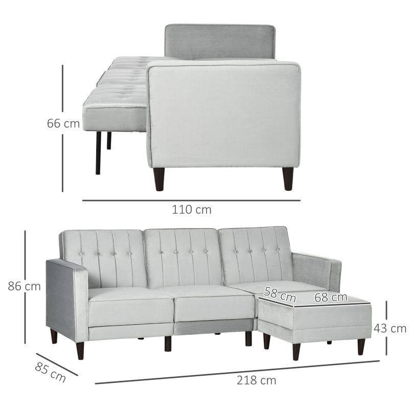 HOMCOM Corner Sofa Bed Reversible 3-Seater Sectional Sofa Set Velvet-Touch Sleeper Futon with Footstool, Light Grey