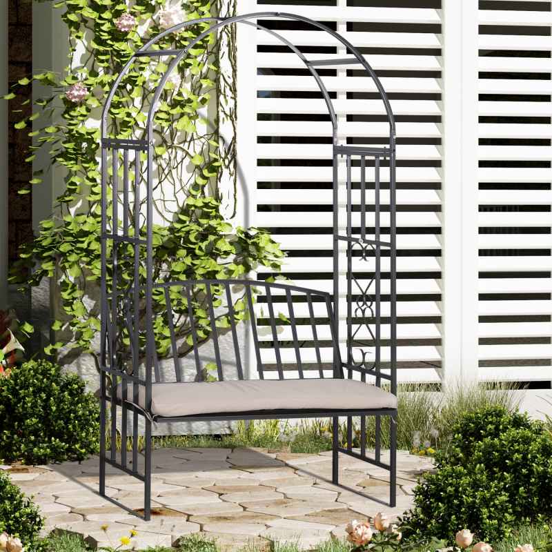 Outsunny Garden Metal Arch Bench, Outdoor Furniture Chair with Cushion Outdoor Patio Rose Trellis Arbour Pergola, for Climbing Plant 114L x 60W x 206H cm