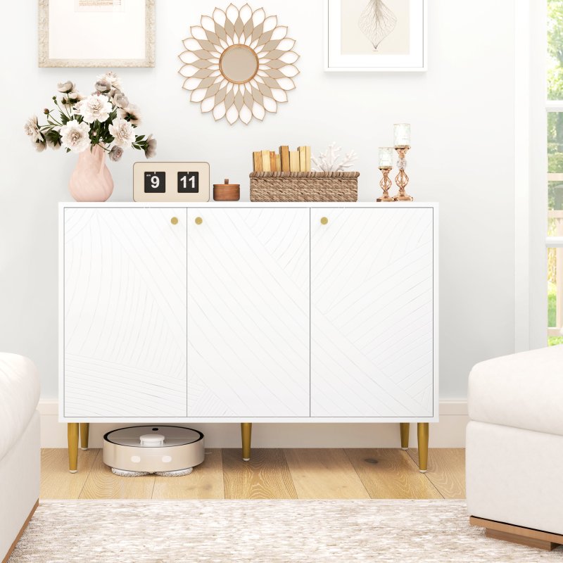 HOMCOM Sideboard, Modern Storage Cabinet with Carved Line Doors, Cupboard and Adjustable Shelves for Living Room, Dining Room, Hallway, White