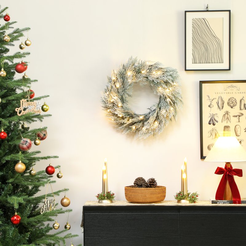 HOMCOM 60cm/ 24inch Prelit Christmas Wreath with 35 Warm White LED Lights, Timer, Battery Operated, Flocked Winter Door Wreath with All Realistic Branches, Silver Tone Glitter for Home Decorations