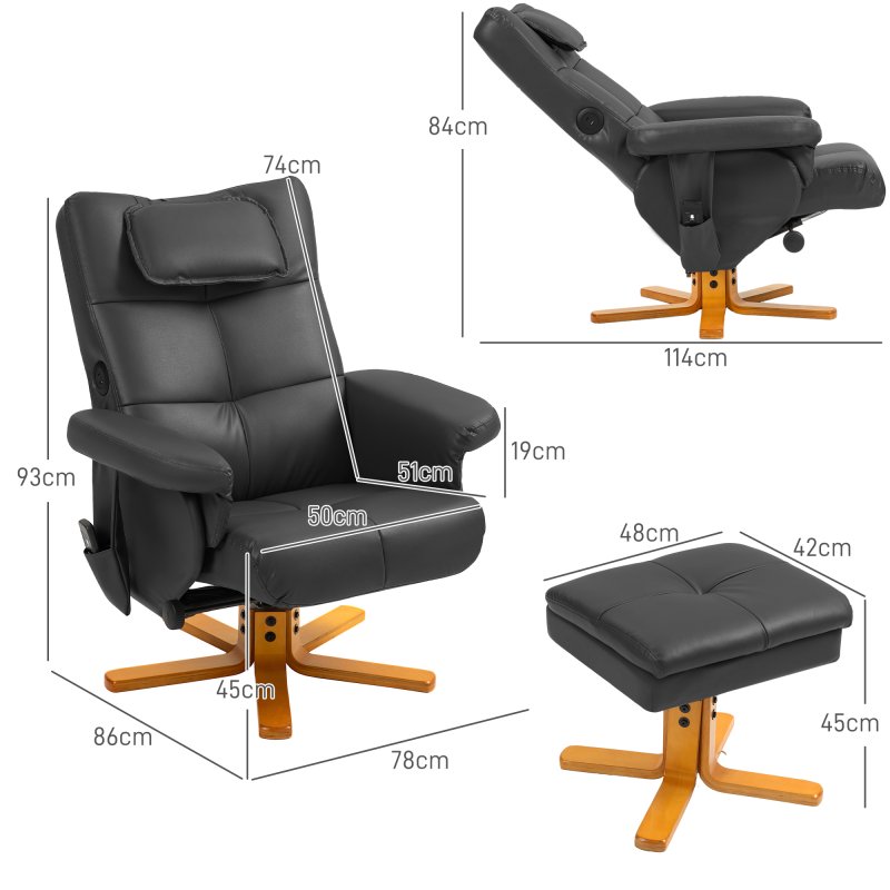 HOMCOM Massage Recliner Chair with Footstool, Upholstered Armchair with Adjustable Backrest, Remote Control, Hidden Storage and Charger for Living Room, Bedroom, Black