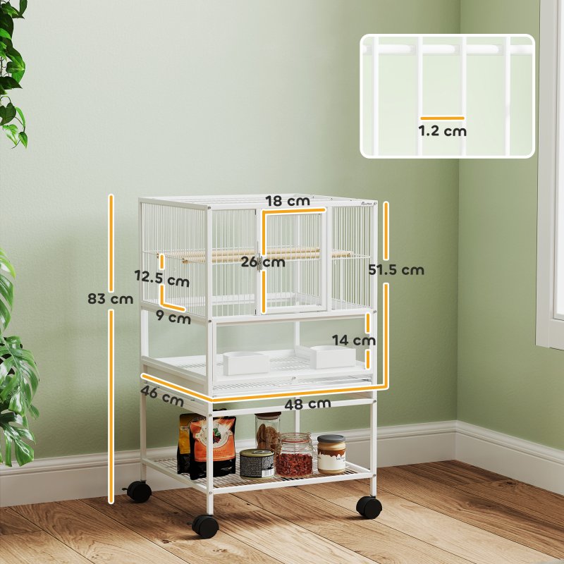 Pawhut Bird Cage, Metal Parrot Cage with Rolling Stand Wheels, Acrylic Viewing Panels, Storage Shelf, Slide-out Tray, Perches, Feeders, for Budgie, Parakeet, Canary, Finch, White, 48 x 46 x 83 cm