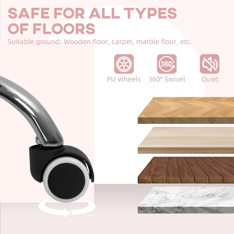 HOMCOM Office Chair, Swivel Desk Chair, Velvet-Feel Fabric Vanity Chair with Adjustable Height and Rolling Wheels for Home Work Study, Pink