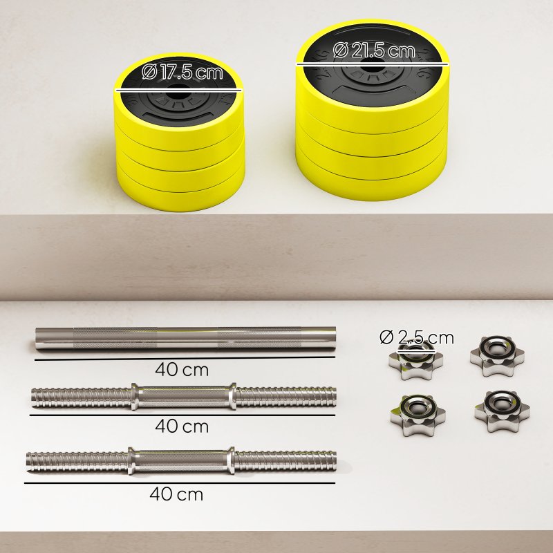 HOMCOM 20KGS 2-In-1 Dumbbell & Barbell Adjustable Set Strength Muscle Exercise Fitness Plate Bar Clamp Rod Home Gym Sports Area, Yellow