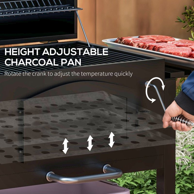 Outsunny Charcoal Grill BBQ Trolley with Adjustable Charcoal Height, Charcoal Stove for Pot, Garden Smoker Barbecue with Folding Shelves, Thermometer on Lid, Bottle Opener and Wheels