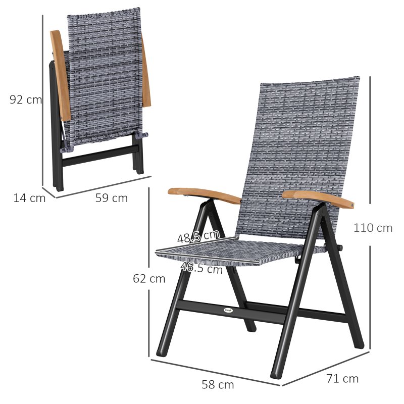 Outsunny Outdoor Folding Dining Chair, PE Rattan Chair with Armrests, High Backrest, for Garden, Camping, Balcony, Porch, Light Grey