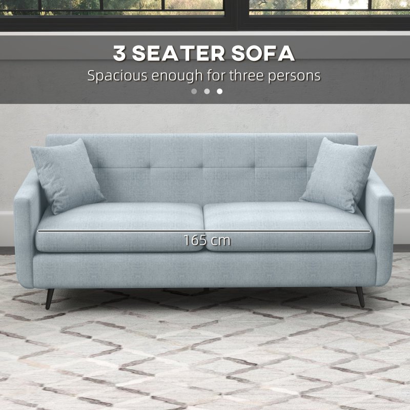 HOMCOM 165cm 3 Seater Sofa for Living Room, Modern Fabric Couch, Tufted Small Couch Sofa Settee with Steel Legs and 2 Storage Pockets for Bedroom and Home Office, Blue