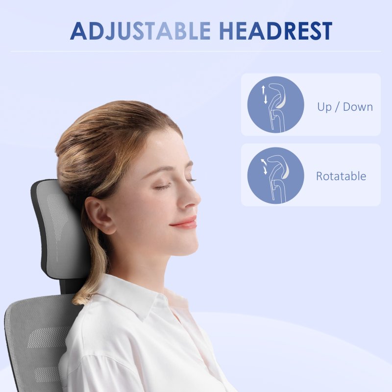 Vinsetto Mesh Office Chair, Ergonomic Computer Desk Chair with Adjustable Headrest, Lumbar Back Support, Armrest, Adjustable Height, Swivel Wheels, Grey