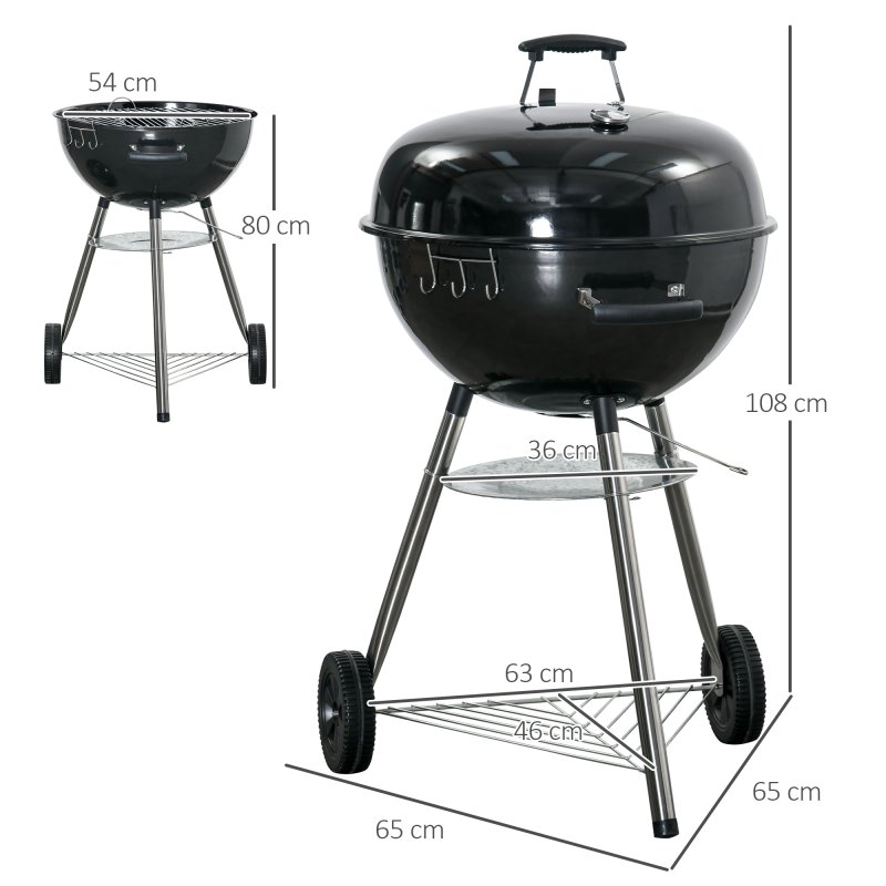 Outsunny Portable Kettle Charcoal Grill BBQ Smoker with Cover, Outdoor Round Barbecue with Lid, Thermometer, Turner, Knife, Clip, Storage Shelf, & Wheels for Party Patio Garden