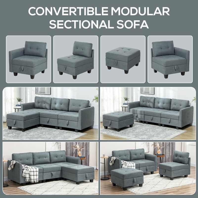 HOMCOM Convertible Modular Sectional Sofa with Storage, Tufted 3 Seater Sofa Set, L Shaped Couch with Ottoman, Wood Frame for Living Room, Dark Grey