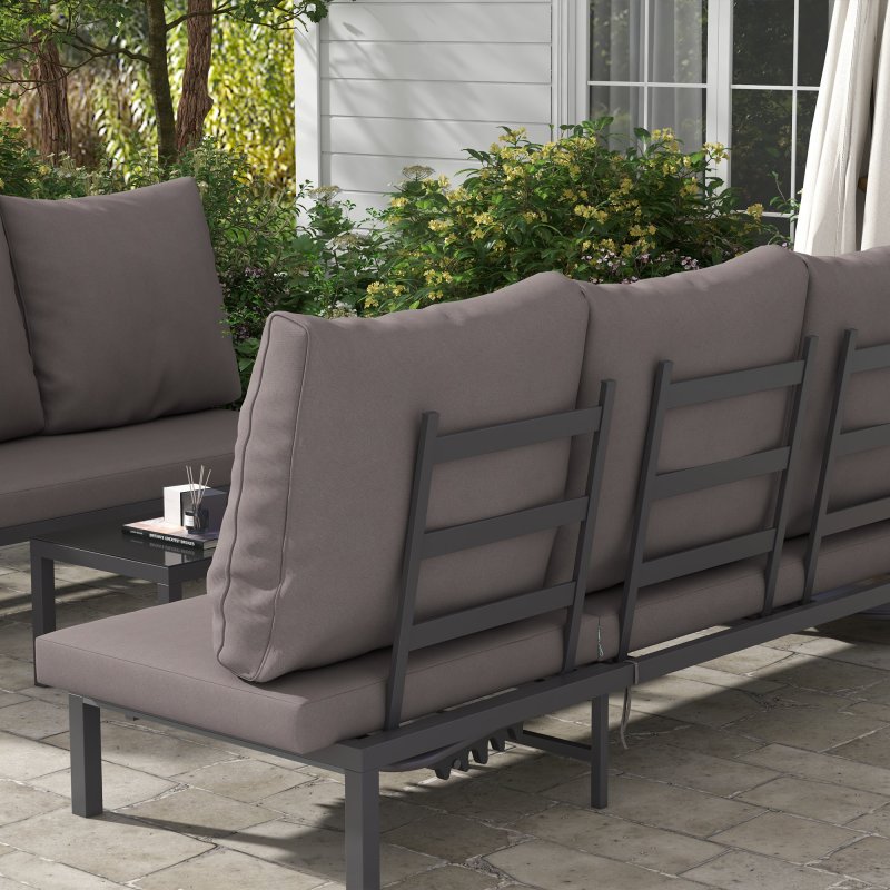 Outsunny 3 Pieces Garden Sun Loungers Set with Cushion, 5-level Adjustable Outdoor Recliner Bed Set w/ Glass Top Table, 2-In-1 Design Aluminium Frame Recliner Lounge or Use As Sofa Bed, Grey