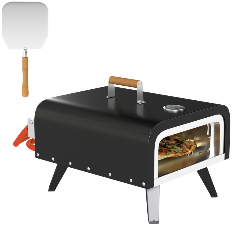 Outsunny Outdoor Tabletop Gas Pizza Oven with 12" Stone and Peel, Portable Pizza Oven Maker with Thermometer, Foldable Legs, Handle, Gas Hose and Regulator, Black