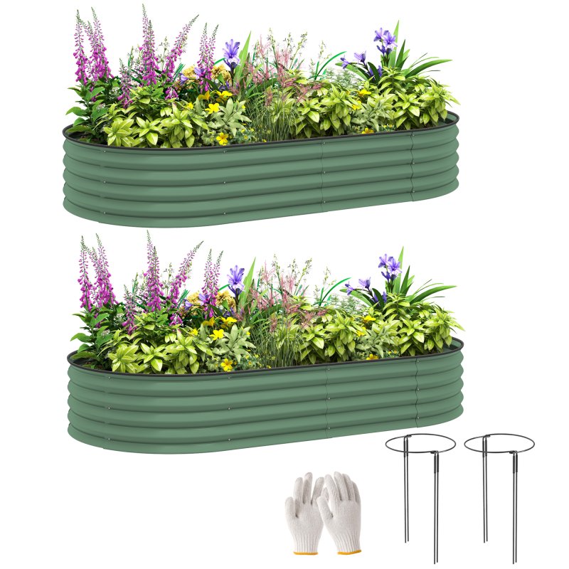 Outsunny Set of 2 Raised Beds for Garden, Outdoor Galvanised Planter Box with Plant Support Stakes, Rubber Strap Edging and Bottomless for Flower, Vegetable, 181 x 93 x 30 cm, Green