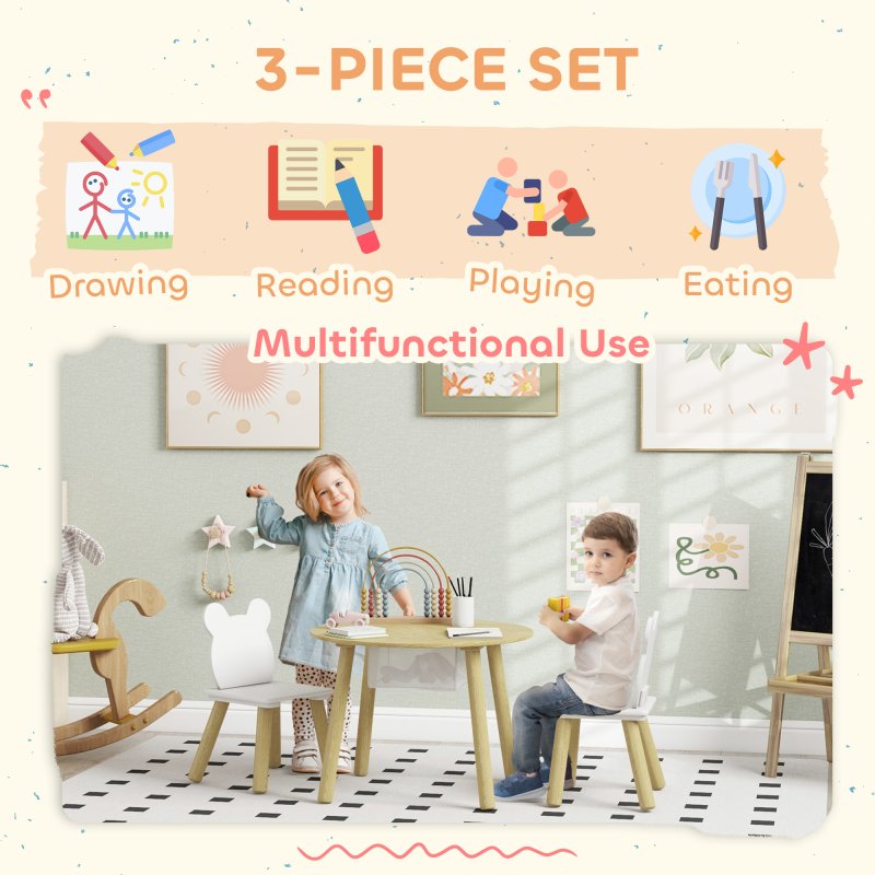 AIYAPLAY 3 Pieces Toddler Table and Chair Set with Centre Mesh Bag, Kids Activity Table Set with Bear Shaped Backrest, for Arts, Crafts Reading Dining, Aged 3-6 Years