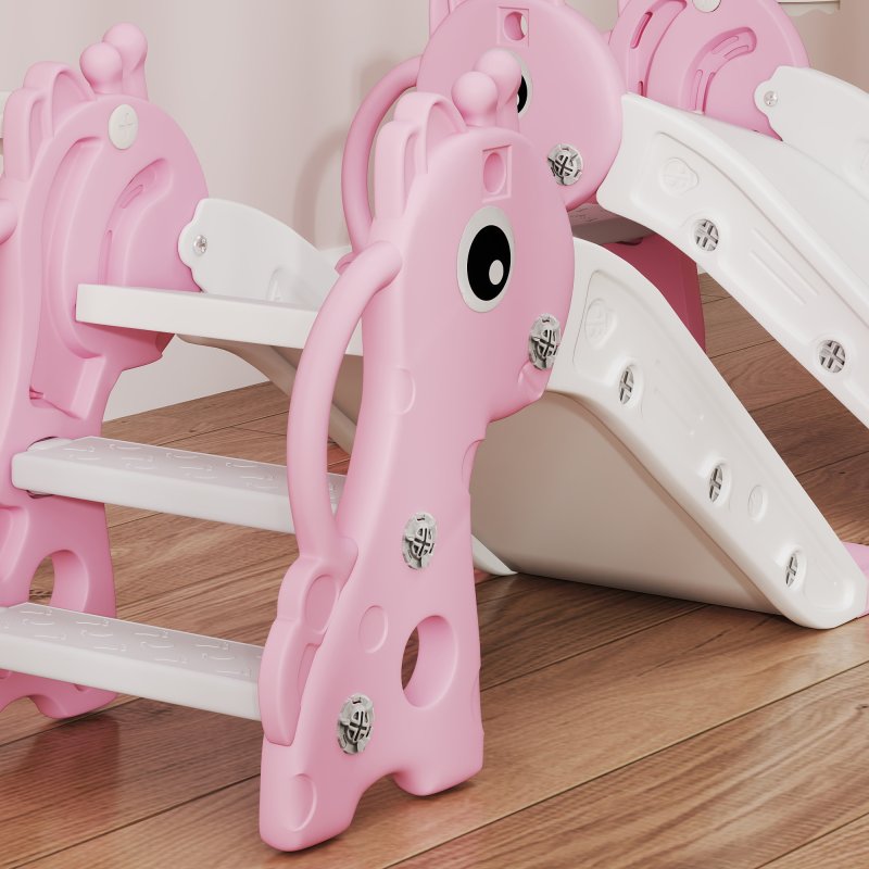 AIYAPLAY 3 in 1 Kids Slide, Giraffe Shape Toddler Slide with Climber, Basketball Hoop and Ball, Indoor Playground Equipment for Age 1-3, Pink