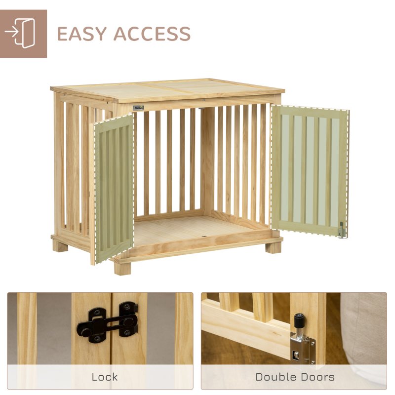 PawHut Wooden Dog Crate End Table w/ Double Doors, Furniture Style Dog Crate for Medium Dogs, Indoor Use w/ Soft Washable Cushion