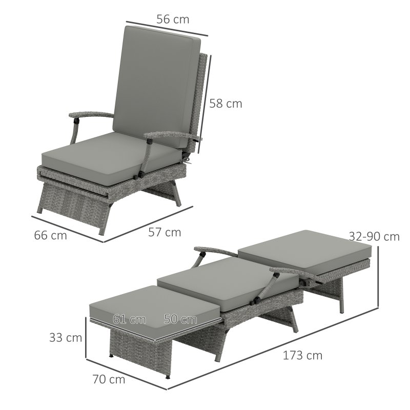 Outsunny Outdoor PE Rattan Recliner Chair with Cushion, Foldable Design Garden Recliner Chair with Retractable Footrest and Adjustable Back with 80 Degree Recline